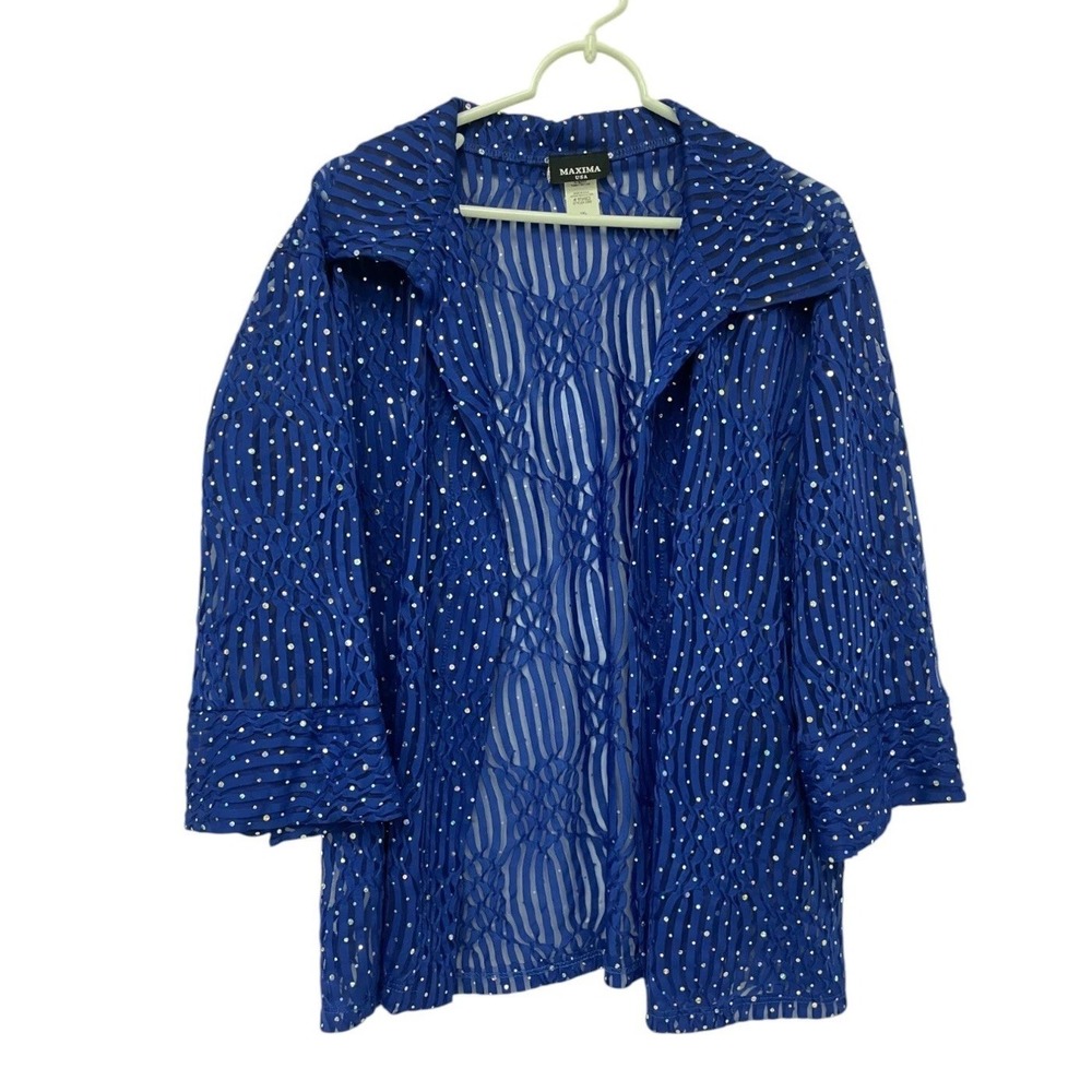 Maxima USA Sequin Vintage‎ Cardigan Blouse Size 1 XL Blue Sheer Polyester